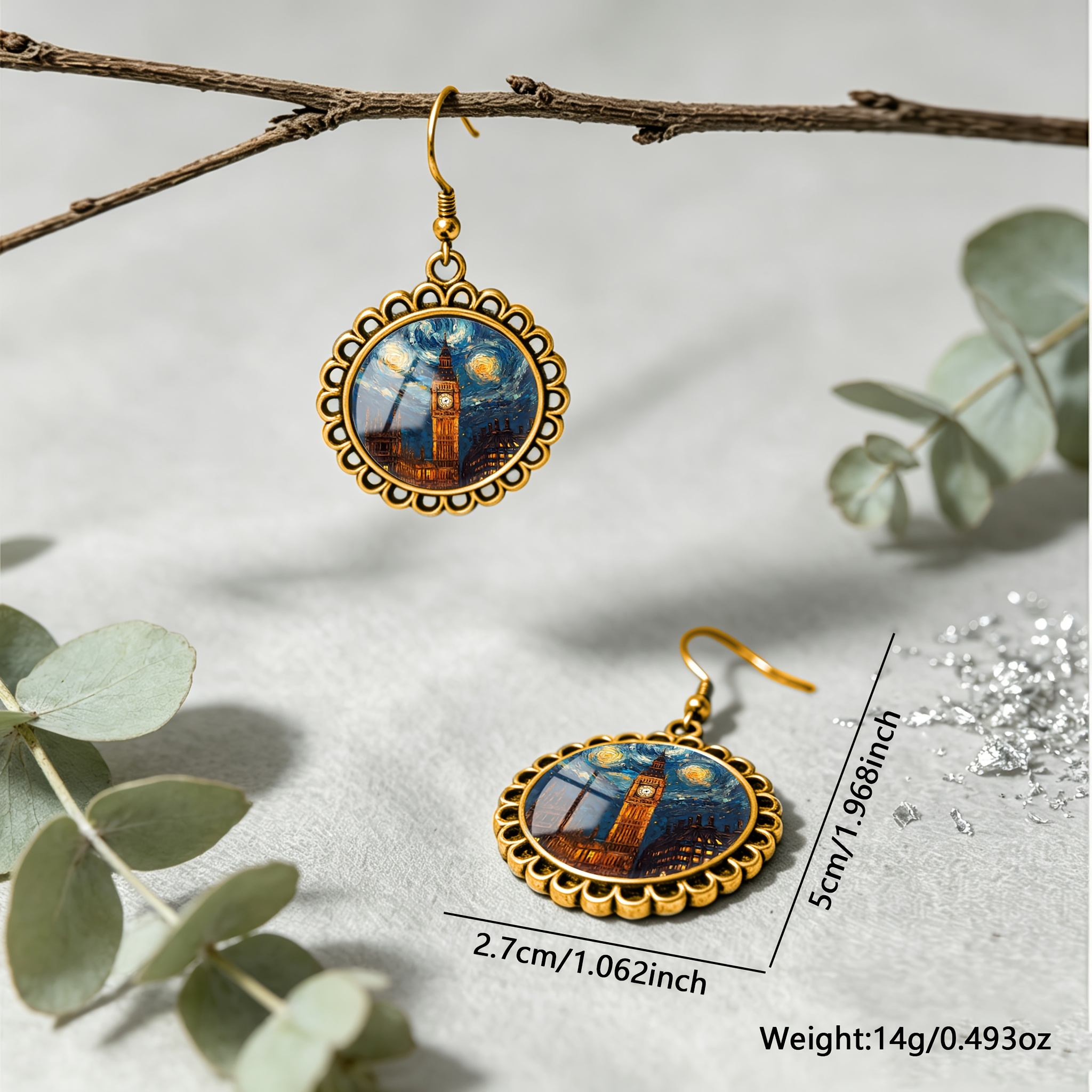 Vintage Big Ben Starry Night Pattern Round Earrings