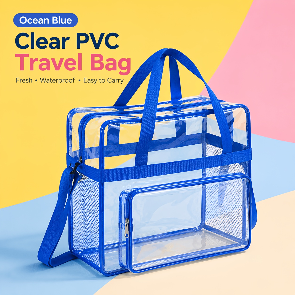 TEMU High Quality Pvc Clear Jelly Travel Organizer Bag With Adjustable Crossbody Strap & Multi-compartment Storage - Large Capacity Toiletry Makeup
