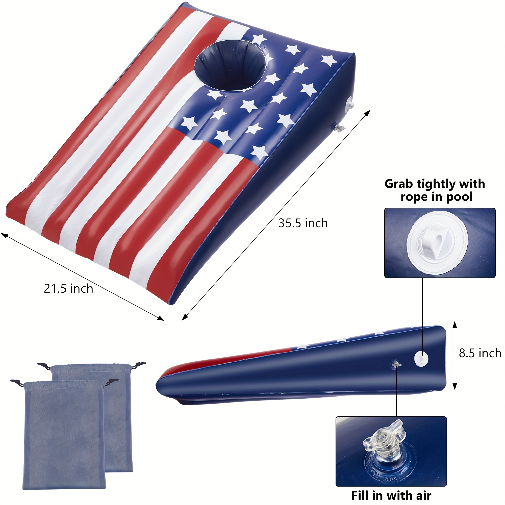 Pool Cornhole Inflatable Bean Bag Toss Game 2 Sets, Independence Day Swimming Pool Game for Teens, Adults and Family, American Flag Theme Water Floating Cornhole Toy with 8 Bean Bags for Party Packs