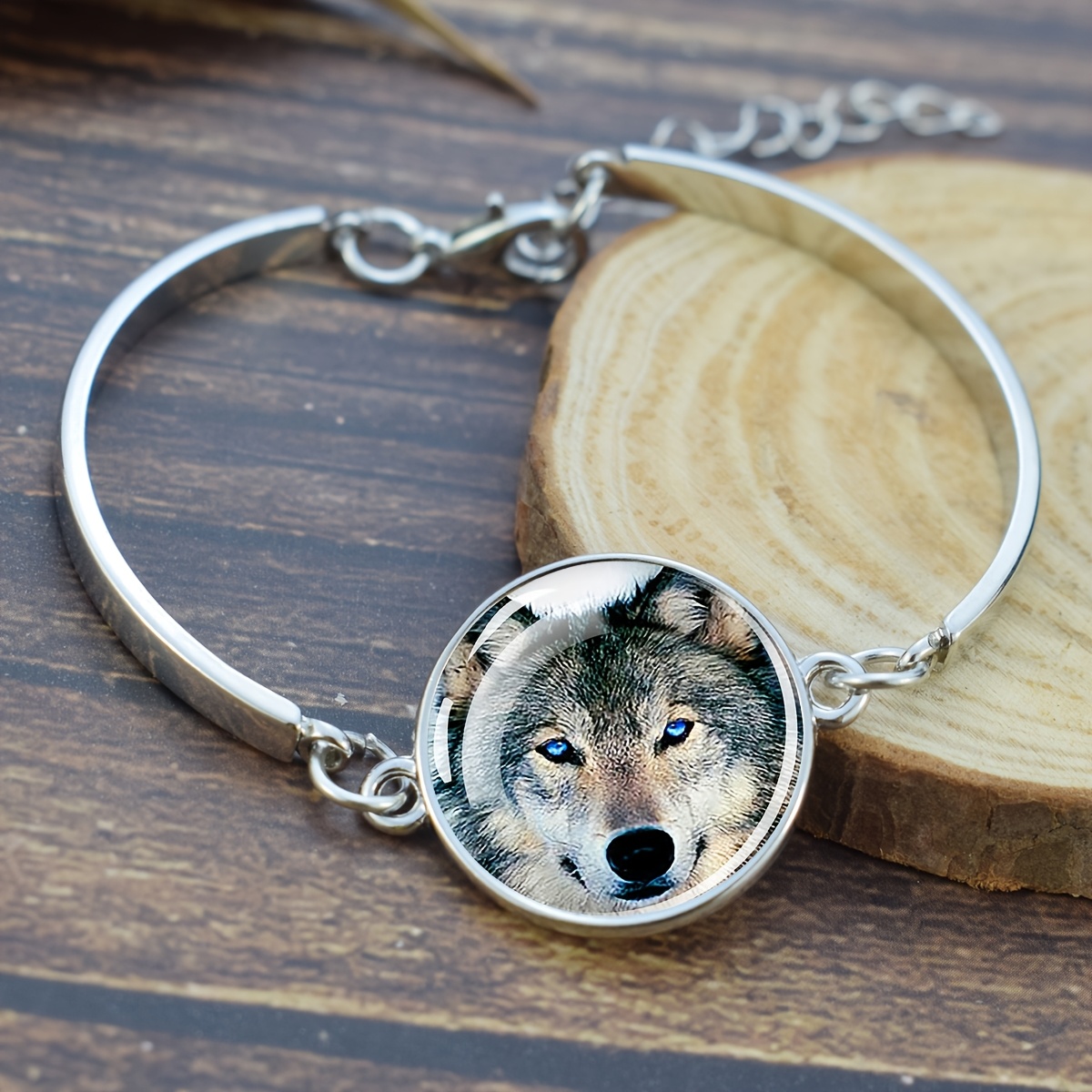 Wolf Face Glass Dome Charm Bracelet for Men and Women