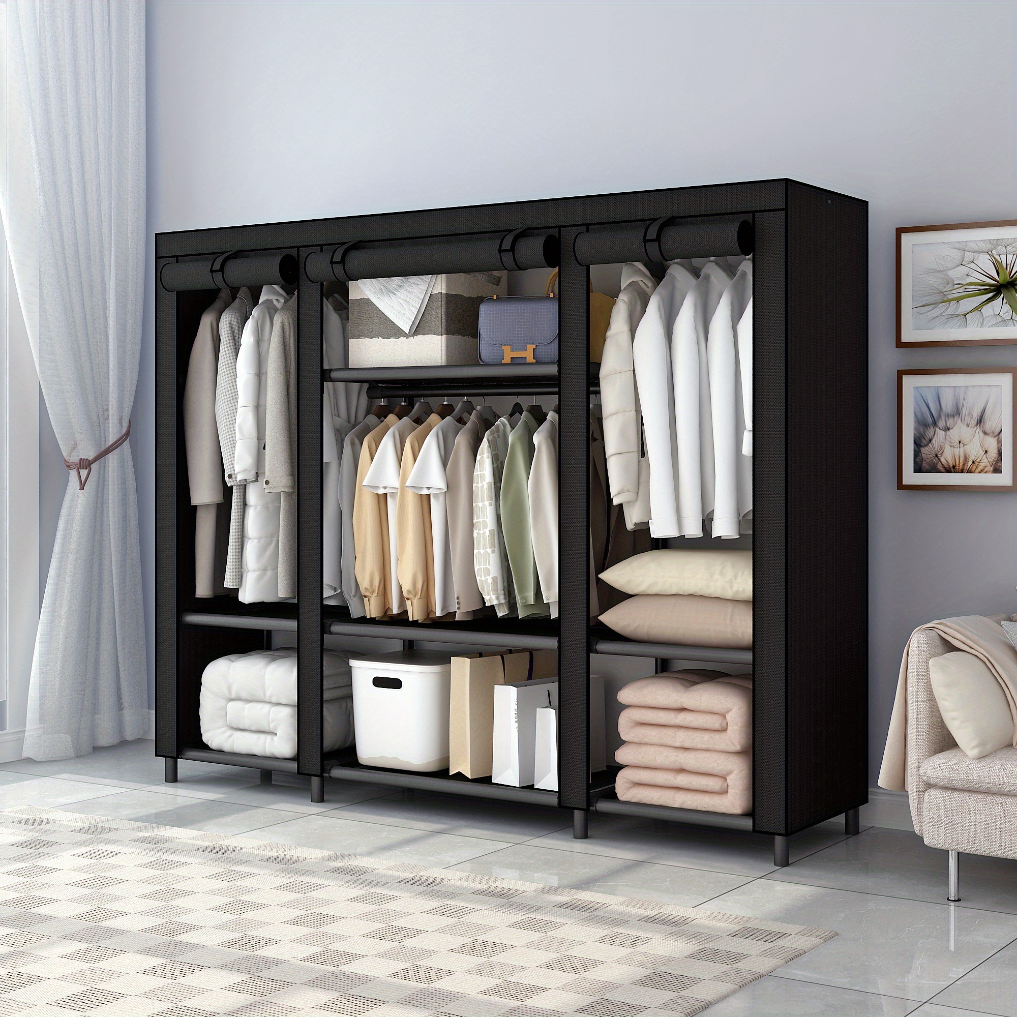 TEMU 59-inch Portable Closet - Spacious Clothing Storage Rack, Versatile Hanging Garment Organizer, Ideal For Rental Spaces, Bedrooms, Homes, Dorms, Entrances, Essential Bedroom Furnishings