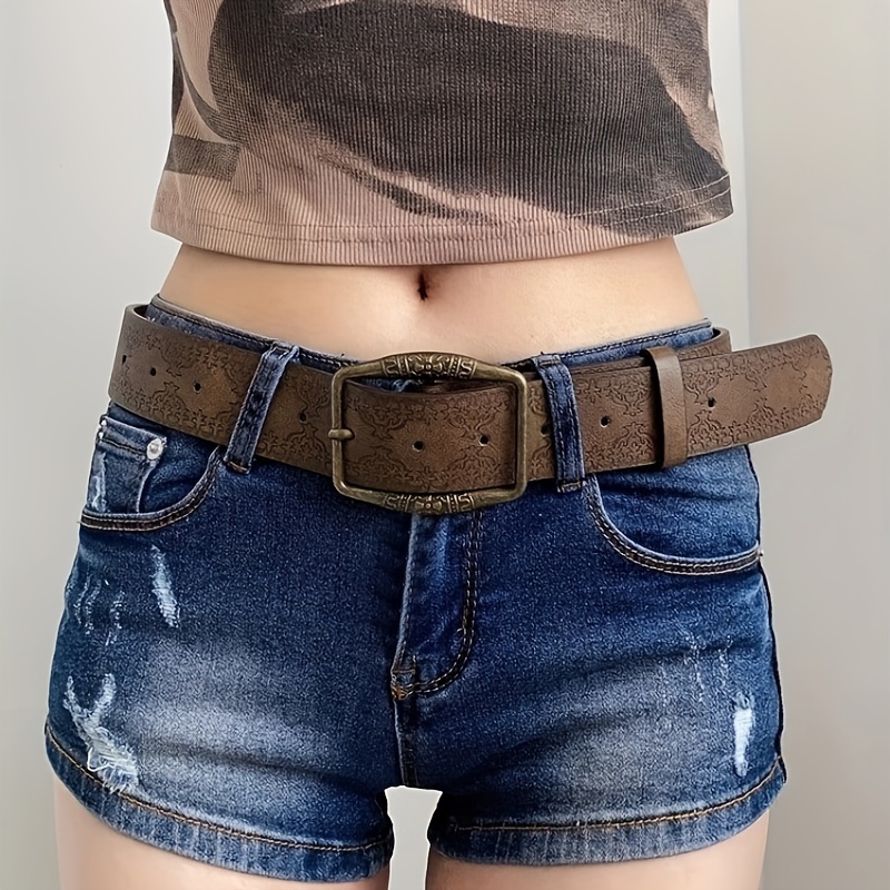 

1pc Brown Floral Embossed Belt, Vintage American Y2k Style, Distressed Denim Accessory, Casual Ethnic Artisan Leather Belts For Women