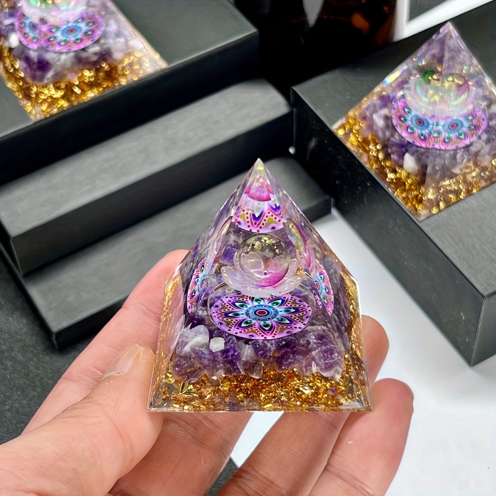 

1pc Amethyst Crystal Pyramid With Golden Accents - Natural Gemstone Orgone For Home Decor, Gift,