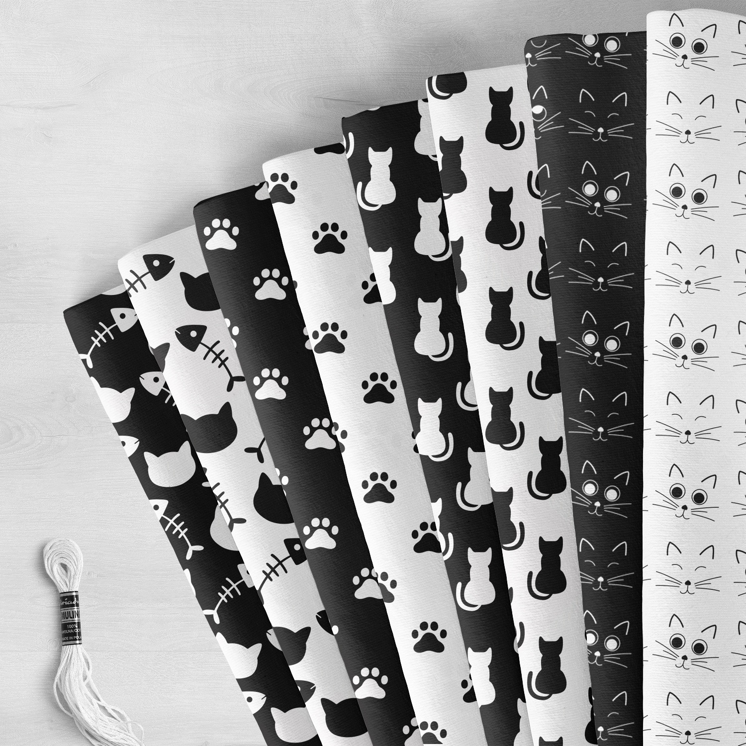 TEMU 8-teiliges Set Katzen-Quiltstoff, je 7,87" x 7,87" (20 x 20 cm). Dieser vorgeschnittene Polyesterstoff mit schwarz-weißem Katzenmuster ist für
