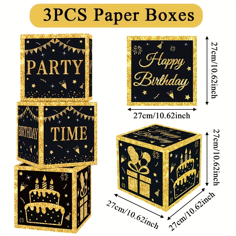 Image of 3pcs, Black Golden Birthday Paper Boxes, Happy Birthday Cardboard Box, 10.62 Inch Birthday Decoration Boxes, Birthday Party Decorations