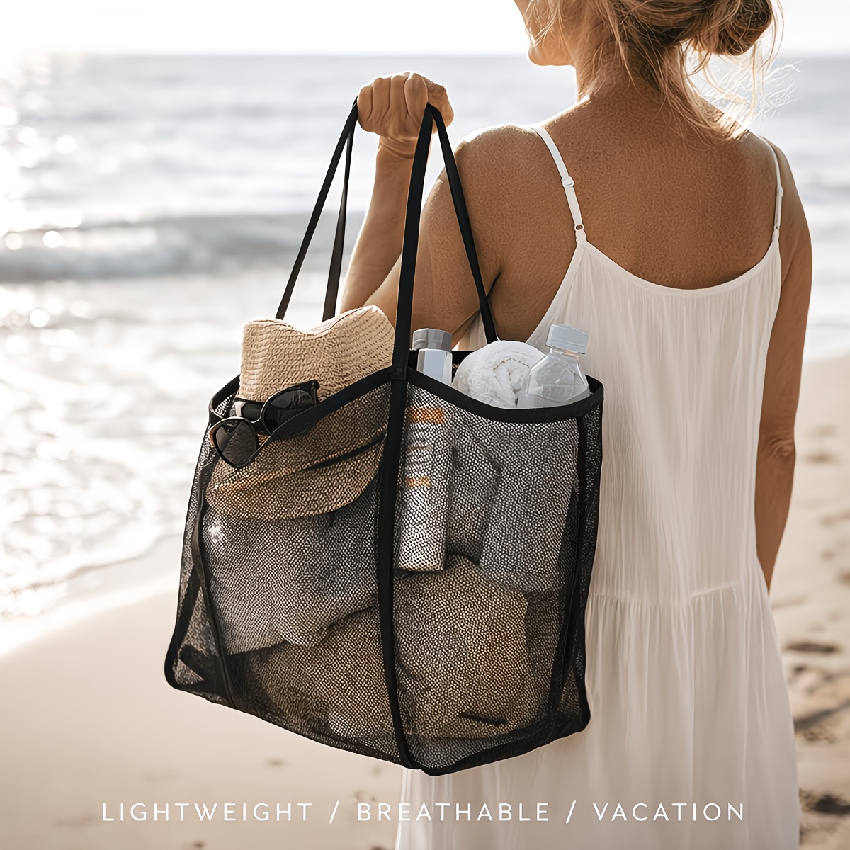 Image of Spacious Mesh Beach Tote Bag - Made Of Durable Polyester, In Solid Colors, With Sturdy Handles, Perfect For Travel, Beach , Vacations And Camping, Versatile Storage Options, With A Sturdy