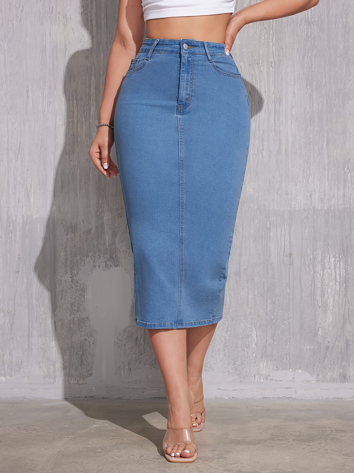 Elastic Waist Jean Skirt Stretch Women's Stretch Denim Midi Skirt