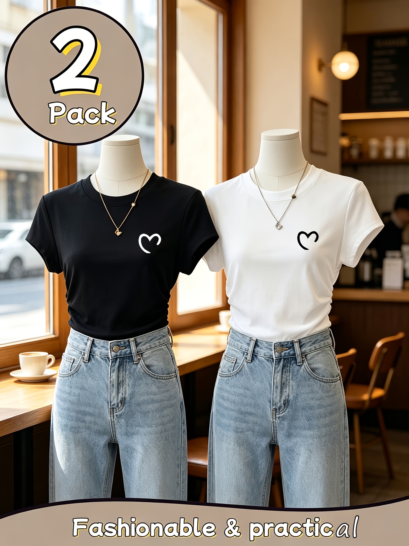 품목 사진 2개 캐주얼 반팔 티셔츠 세트 - 스타일리시 탑 (또는 패셔너블 탑)