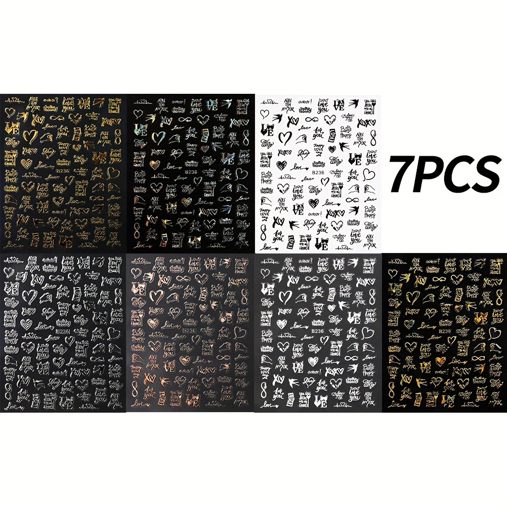 Image of 7pcs Holographic Heart Letter Nail Stickers-3d Self-adhesive Golden, Silvery&black Romantic Valentines Day Nail Decals For Women Nail Art Decoration