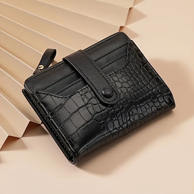 Image of Mini Solid Color Women's Faux Crocodile Faux Leather Clutch Wallet With Card Holder, Coin Purse, Closure, And