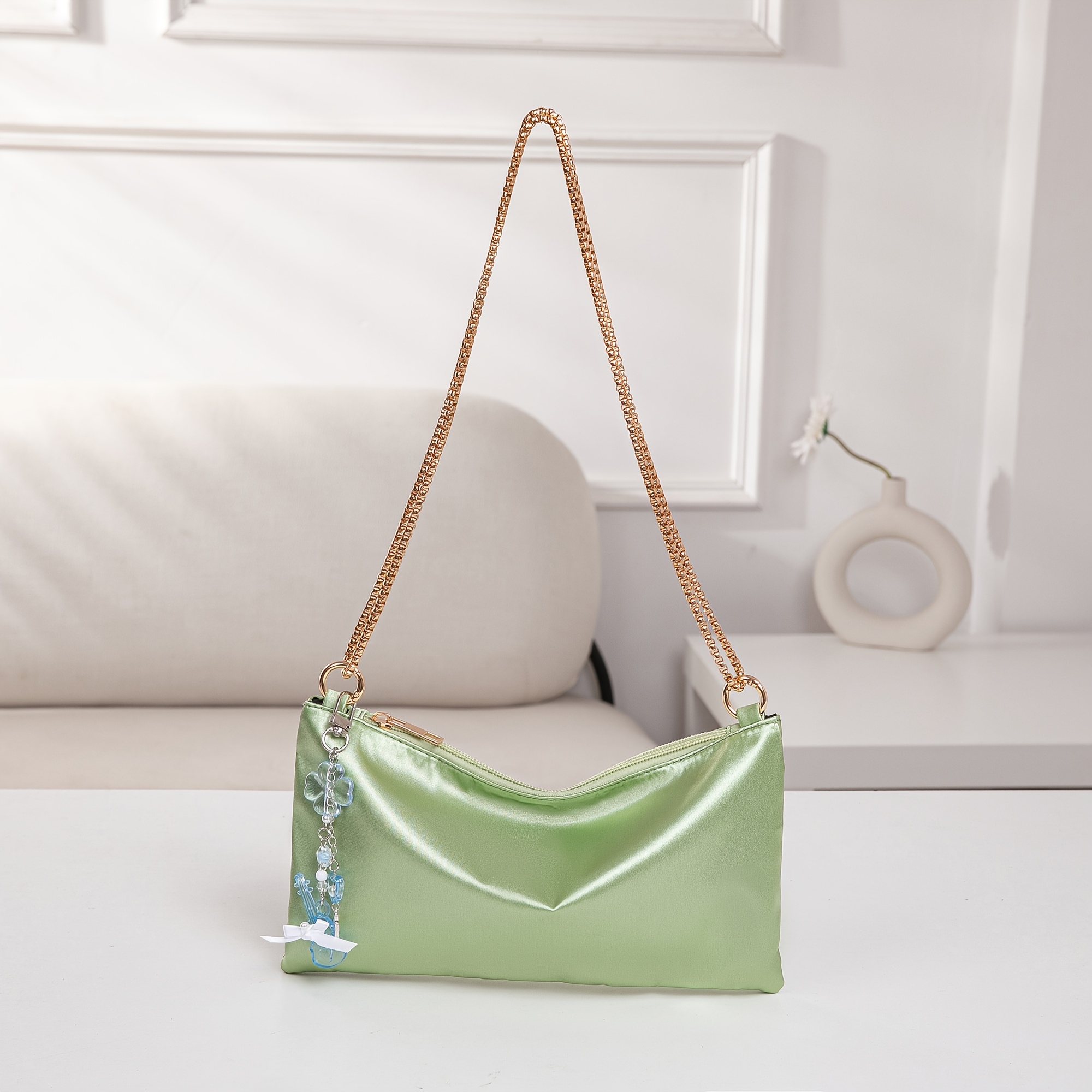 TEMU A Mint Green Evening Bag, Lightweight And Casual With A Satin End, Featuring A Stylish Square Shape And A Ring Chain. It With Fashionable