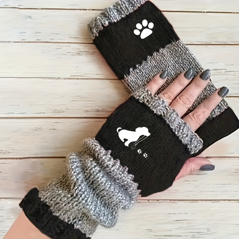TEMU Women's Vintage Puppy Fingerless Gloves - Thickened Warm Winter Gloves With 9 Color Options, Elastic Split-finger & Puppy Print For Casual