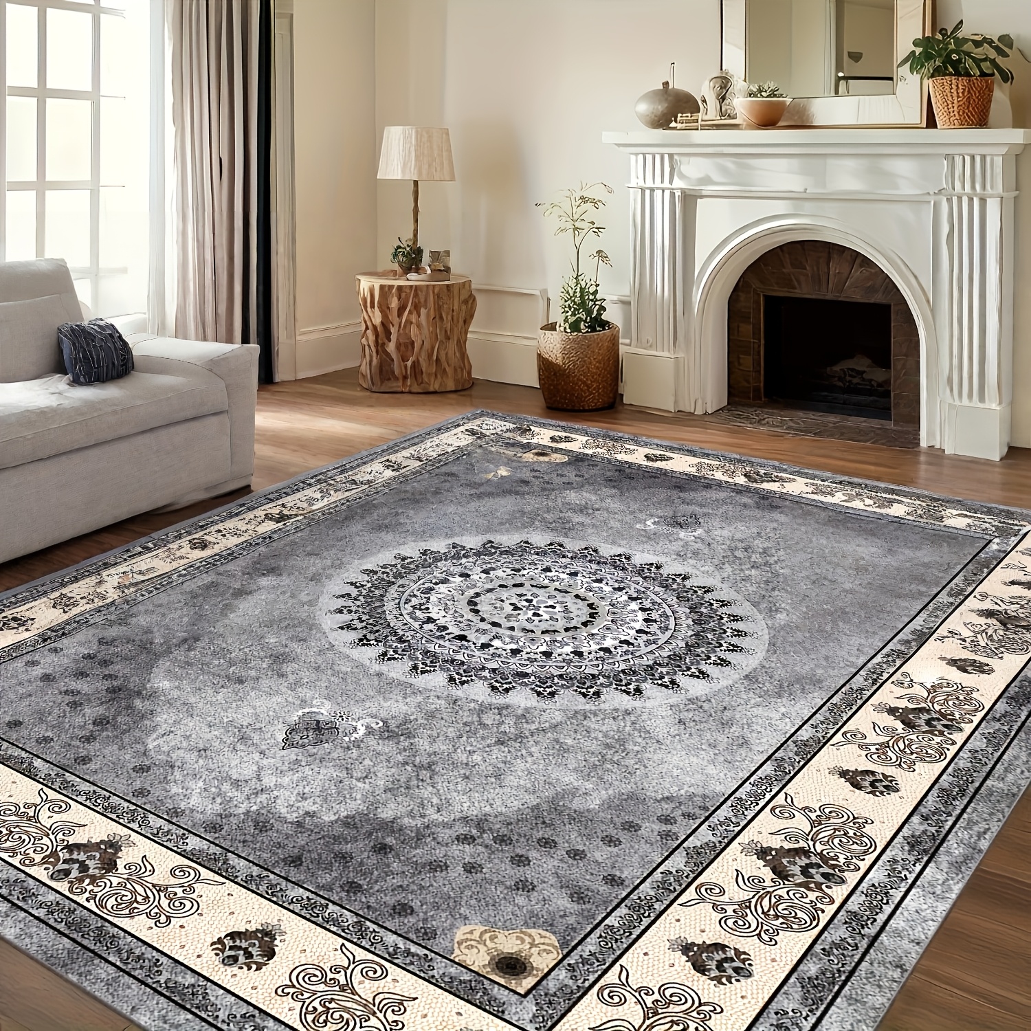 TEMU 1 Luxurious Velvet Floor Mat - Bohemian Vintage Persian Floral Pattern With Paisley Border, Slip-resistant And Machine Washable 100% Polyester,