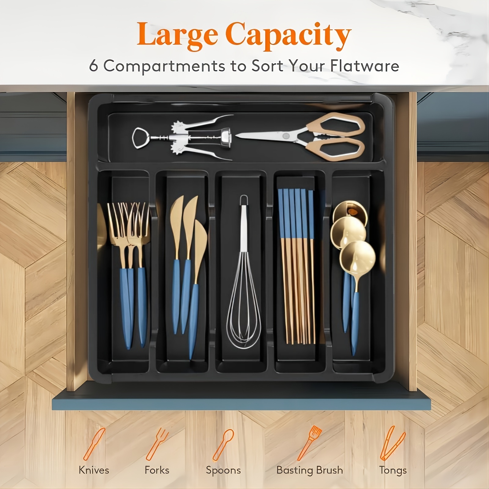 

Flatware Organizer Tray With 6 Compartments For Kitchen Drawers - Plastic Cutlery And Utensil Holder, Insert Mount, Polished Finish, Lightweight Design - Ideal For Knives, Forks, Spoons, And More