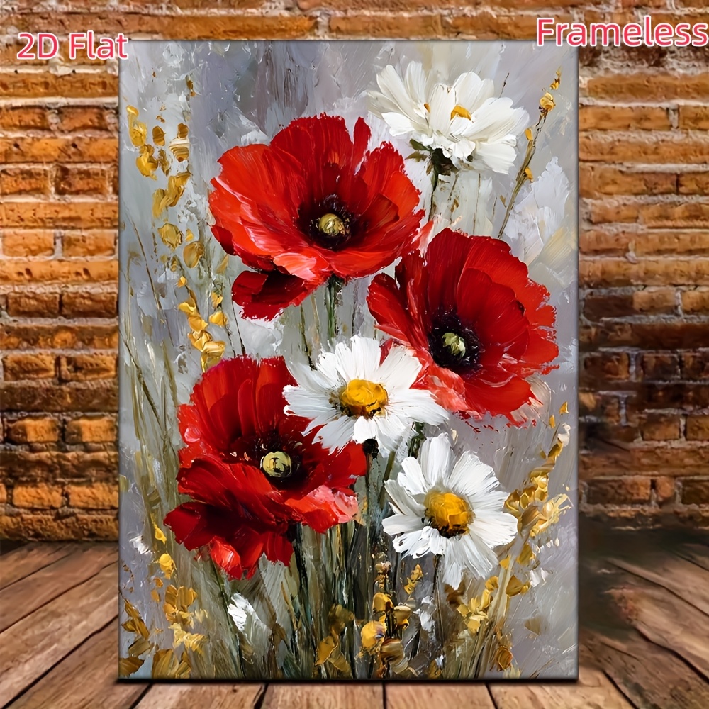 E-shop 2D Flach, 2D Flach, 2D Flach . Ungerahmt 30.48X40.64Cm HD Ölmalerei Blumenstrauß - Rotes Korallenweiße Mohnblumen Leinwandkunst, Romantische