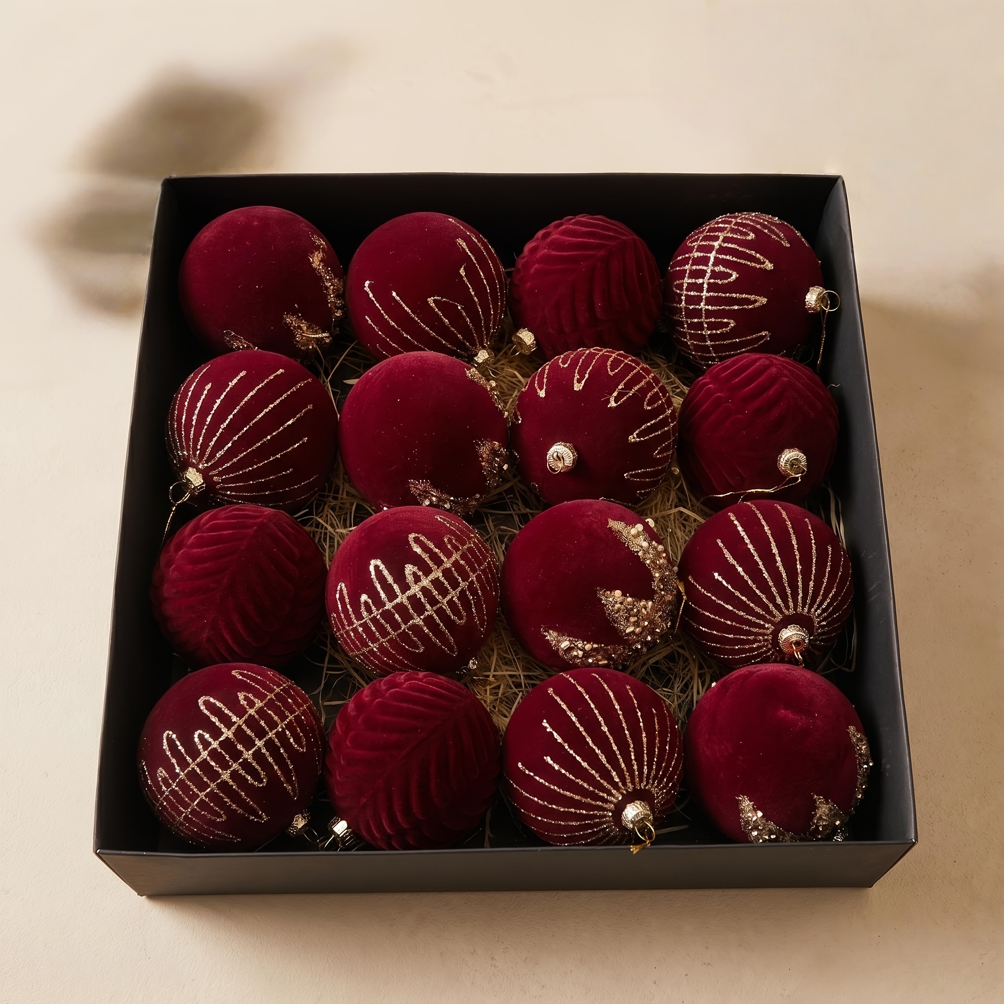 TEMU 16pcs/box Latest 8cm Large Balls Velvet Christmas Ornaments Anti-fall Christmas Tree Hanging Balls New Year Holiday Party Decorative Balls
