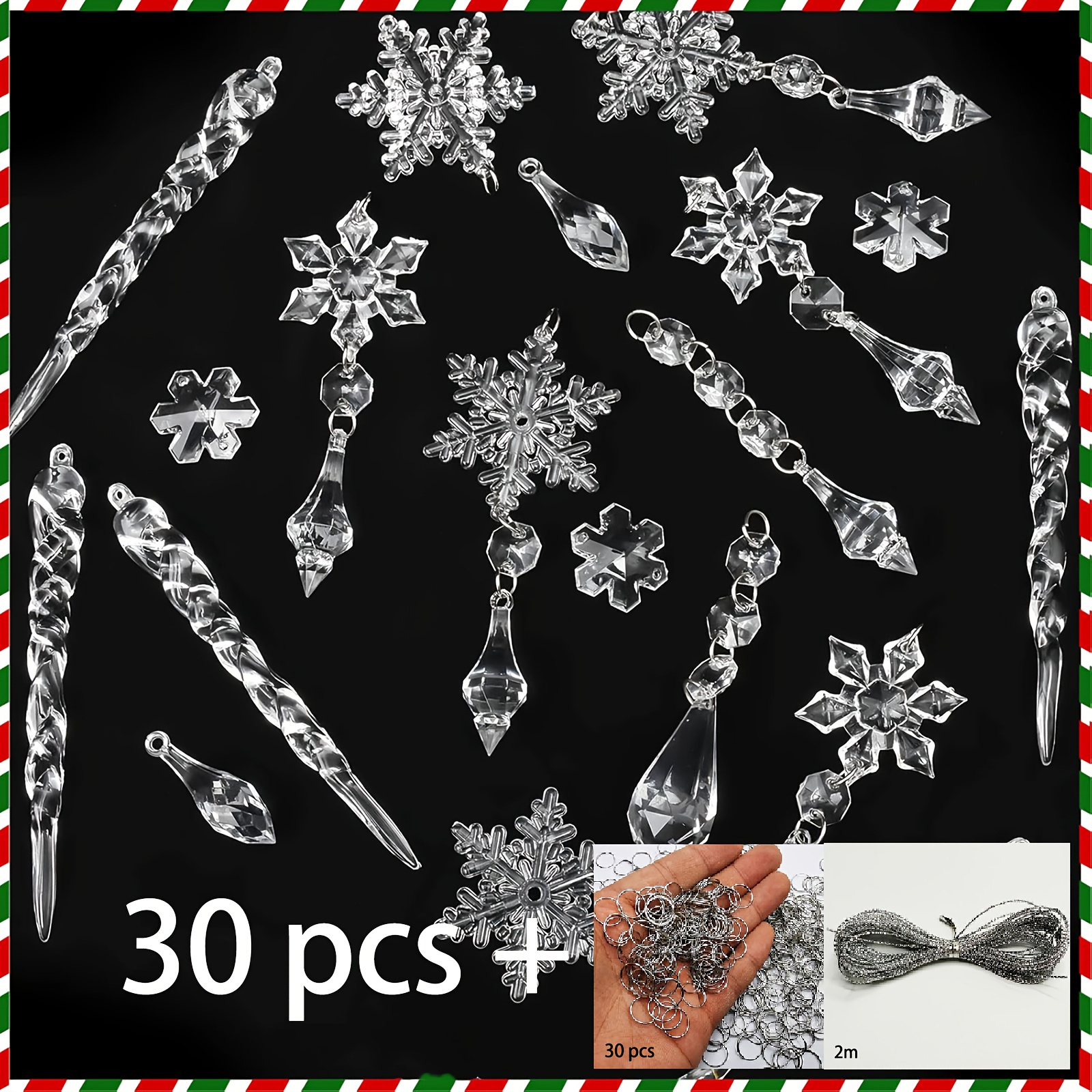 2d Flat, 30pcs Christmas Hanging Ornaments Set With 2m Silvery String & 30 Hooks - Acrylic Snowflake Diy Decor For Tree/window/door/gift Wrapping - Party Decoration Supplies 12mm-130mm