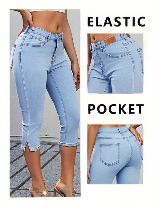 womens denim jeans blue washed skinny capris made from stretchy and comfortable fabric everyday casual wear featuring a stylish split at the hem and resistant to fading