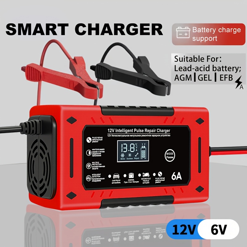 12V 6A Smart Car Battery Chargng with LCD Display Smart Battery Trickle Charging Automotive Battery, Temperature Compensation - for Car, Truck, RV, Motorcycle, Lead Acid Batteries, Without Battery