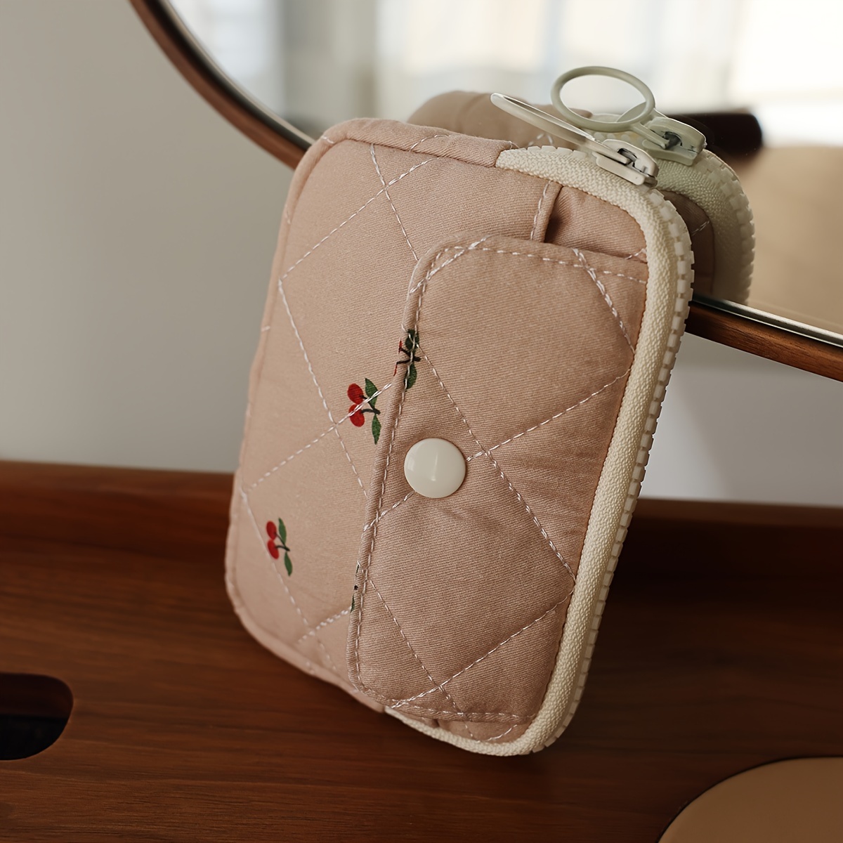 E-shop Mehrfunktionaler Aufbewahrungstasche mit Blumenkern-Motiv, tragbarer kleiner Münzfach-Geldbeutel, Kartenhülle, rosa, niedlicher Druck