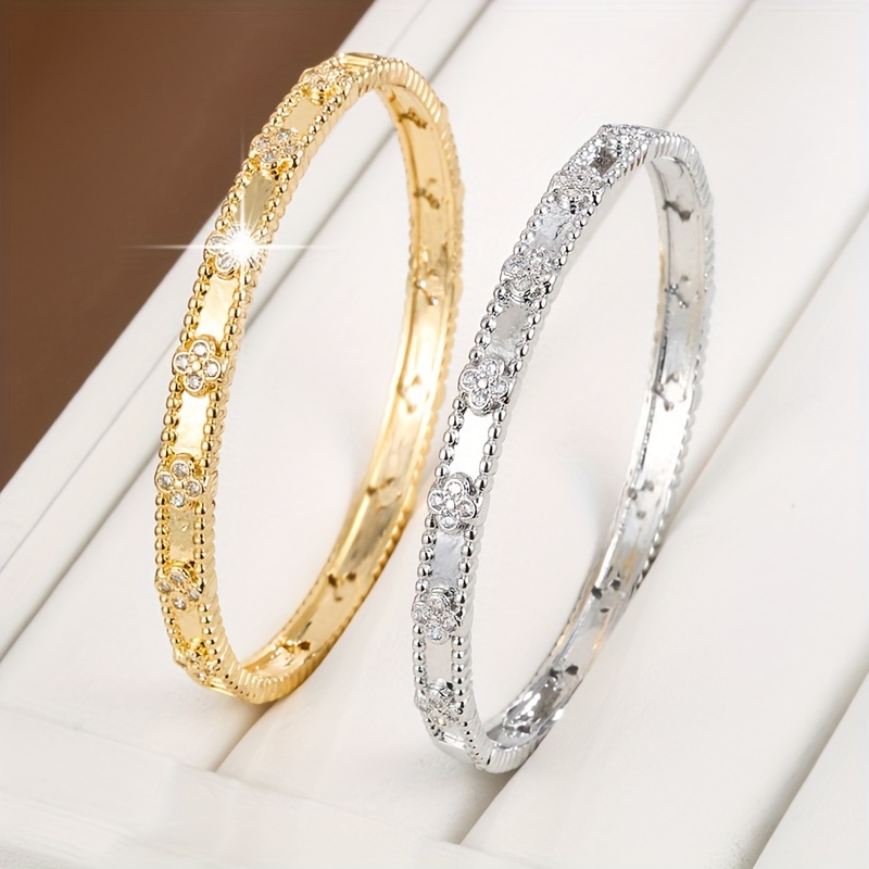 

Elegant Floral Design Zirconia Inlay Copper Bangle For Women - Daily Wear And Gift-ready Bracelet With Premium Plating