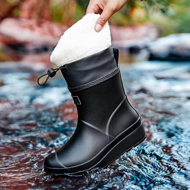 TEMU Fashion Women's Mid-calf Rain Boots With Fleece Lining | , Anti-slip, Durable Rubber Shoes For Outdoor Activities Like Car Wash, Camping,