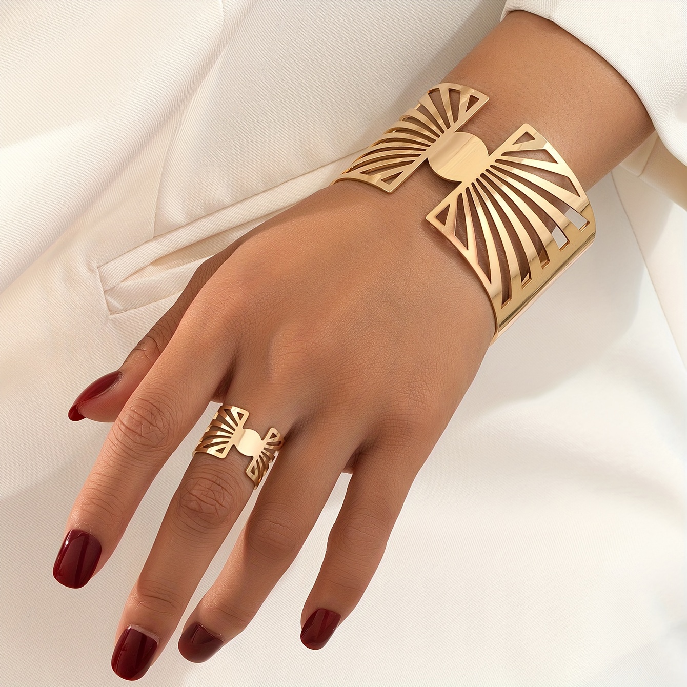 

Elegant & Chic Golden-tone Hollow Open Cuff Bracelet And Ring Set - Perfect Toward Everyday Wear, Parties, And Gifts Jewelry Toward Women Jewelry Sets Toward Women