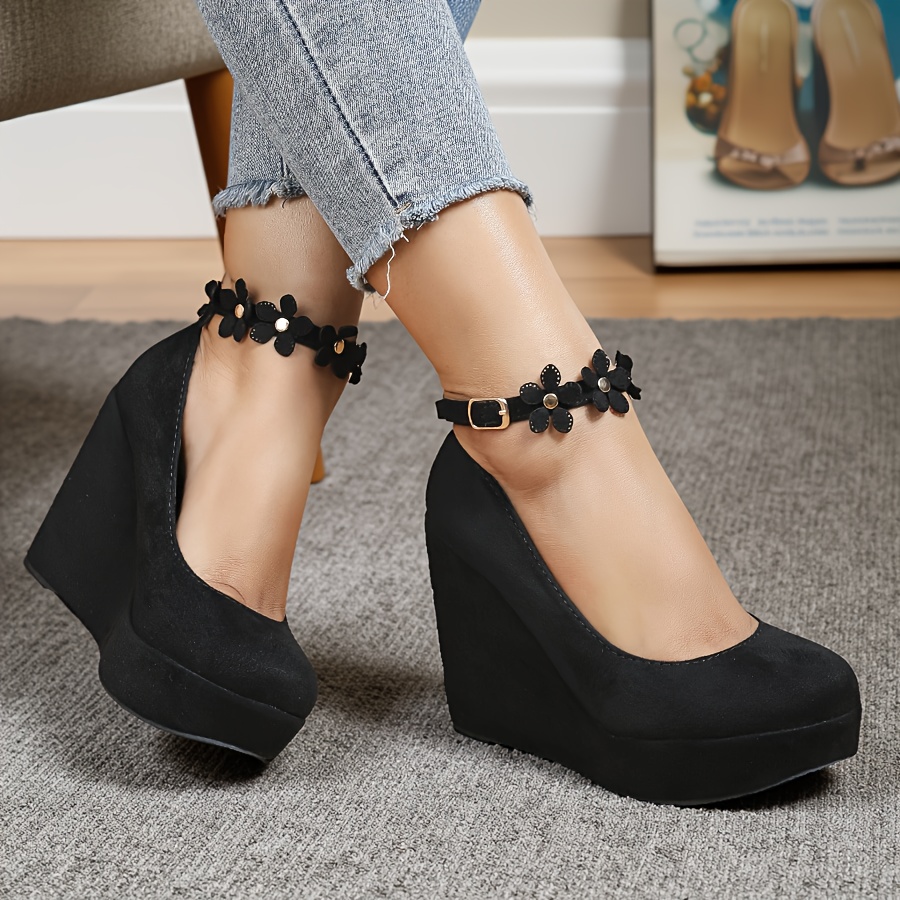 High Heels Black Round Toe Wedges Women's Black Velvet Wedge Heels