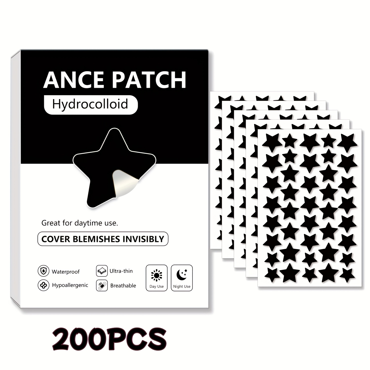 200 600pcs unisex adult black star patches pore cleansing stickers suitable for   types skin pimples   blackheads   alcohol free waterproof pimple