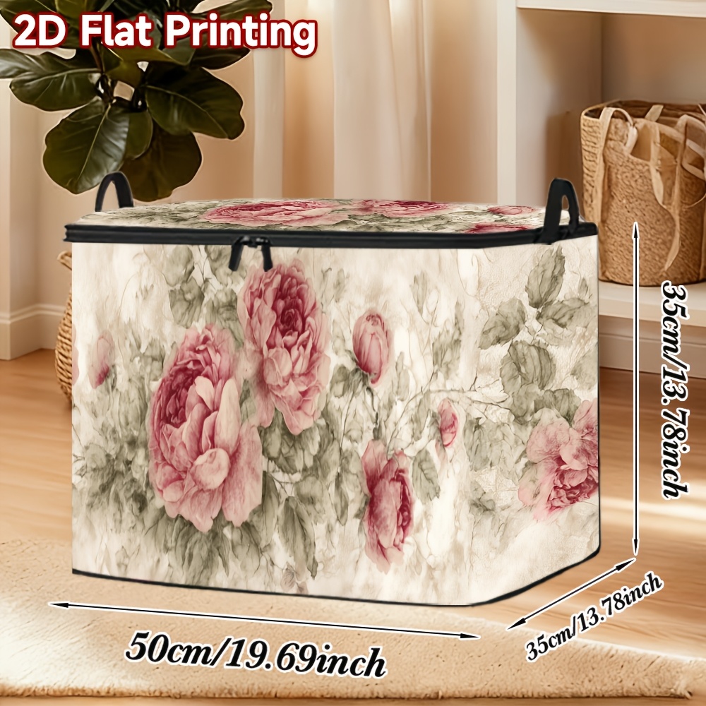TEMU 1pc, 2d Flat Printing Covered Storage Basket Roses Illustration, Perfect For Foldable With Bathroom Trim And Accessory Handles, Bathroom Storage