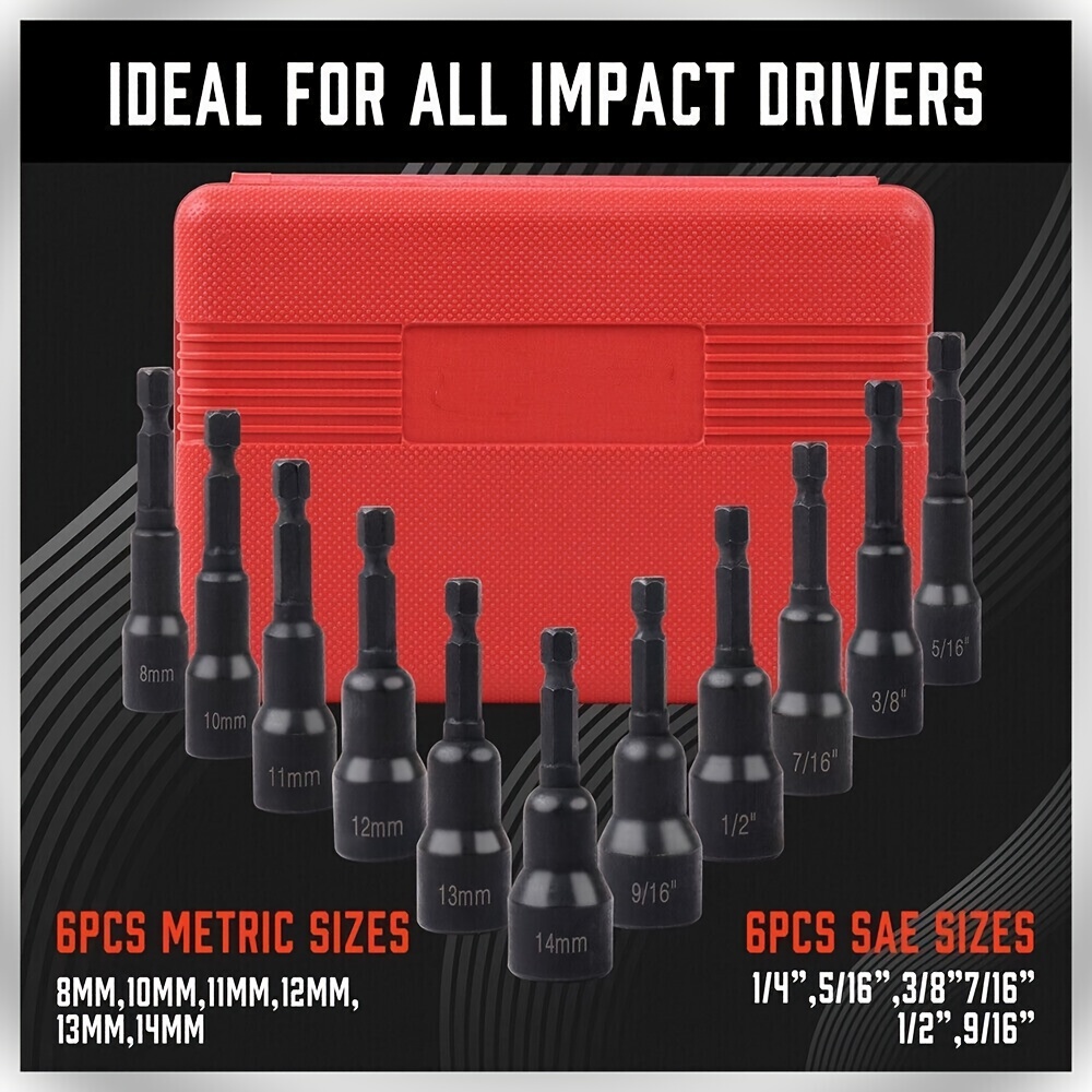 TEMU 12pcs Magnetic Nut Driver Set, Sockets , Impact Nut Driver Drill Kit, Sae & Metric, 1/4-inch