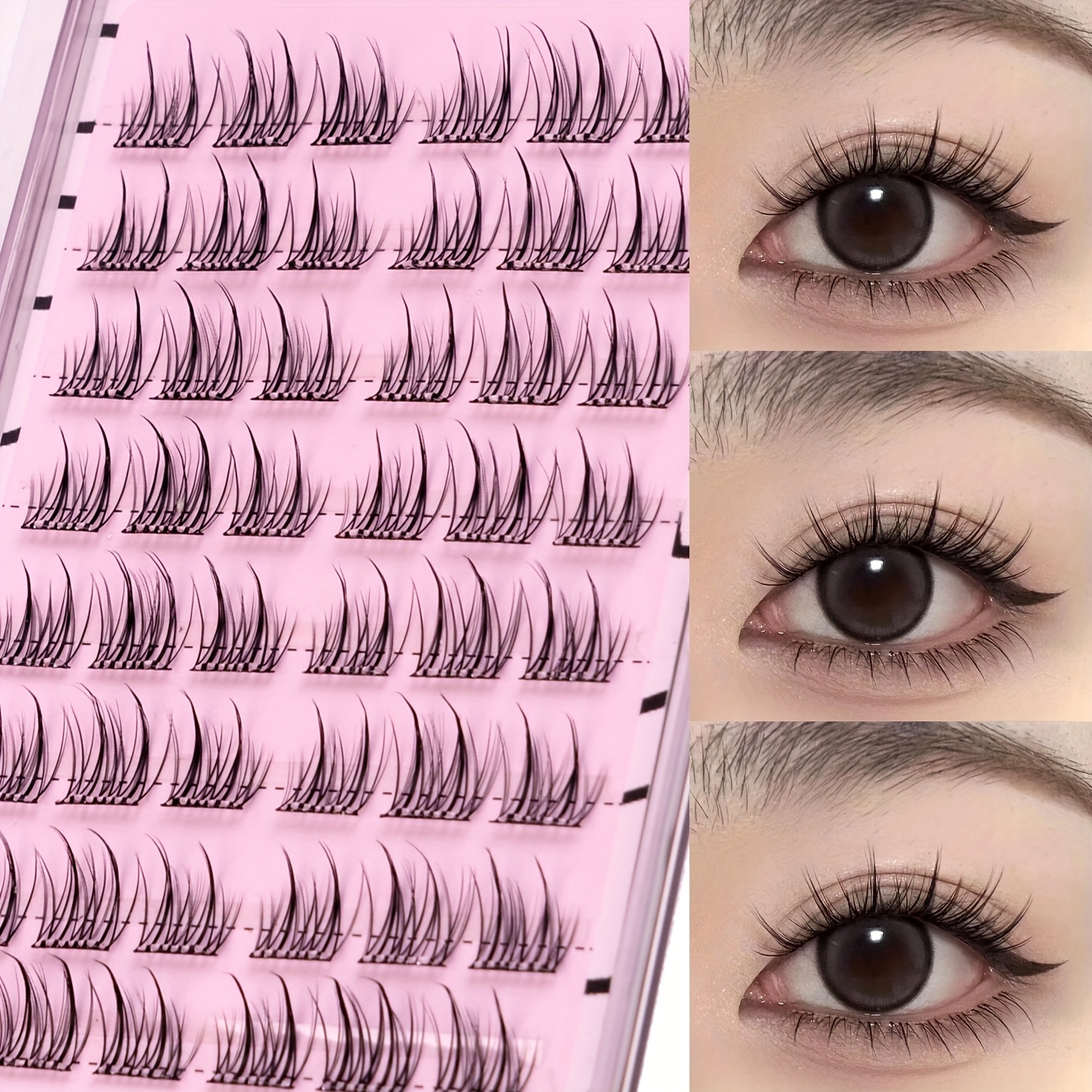 48pcs Easy-Apply Self-Adhesive Eyelash Clusters - Quick & Glue-Free Application, Reusable, Beginner-Friendly, Natural to Glamorous Looks, 0.07mm Thickness, Doll/Cat Eye Style, in Pink Tray