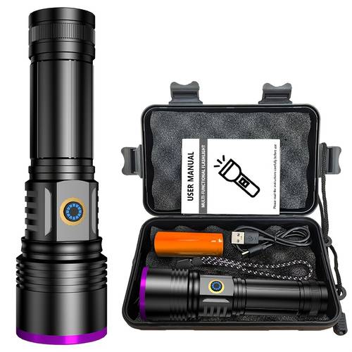 1pc 365nm high power uv portable flashlight type c rechargeable high hardness aluminum alloy uv led flashlight for resin curing pet stain mineral coin vegetable fluorescent detection with 26650 battery anti loss lanyard can serve as a portable power bank christmas halloween birthday gift