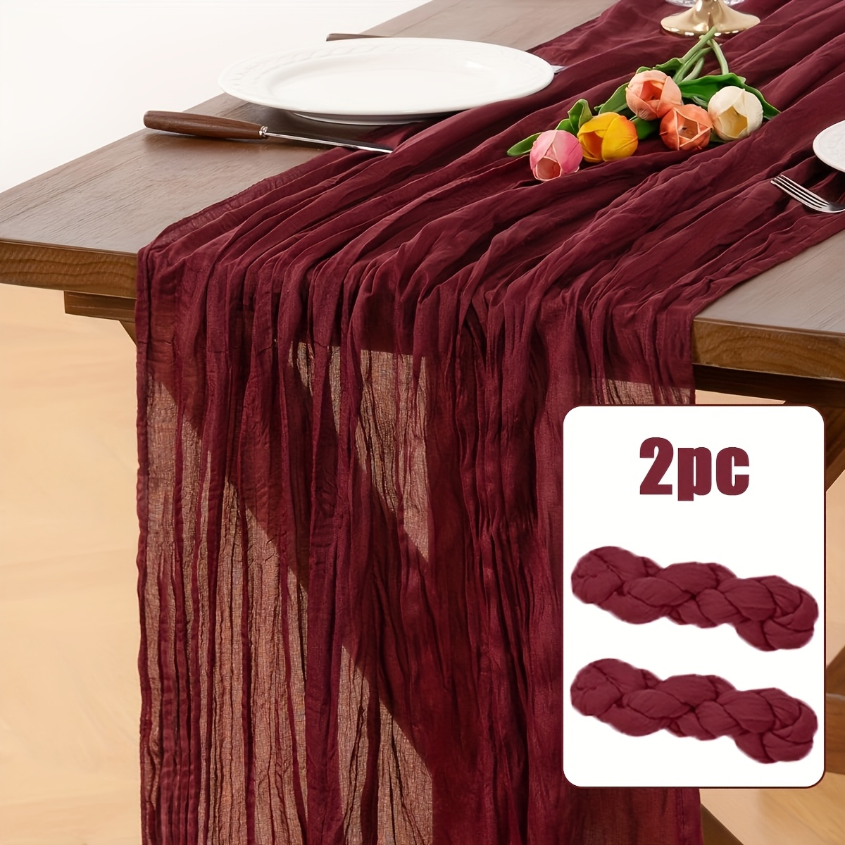 TEMU 2pcs Burgundy Bohemian Gauze Table Runners - Sheer Suitable For Weddings, Baby Showers, Bridal Showers, Thanksgiving, Christmas Decorations |