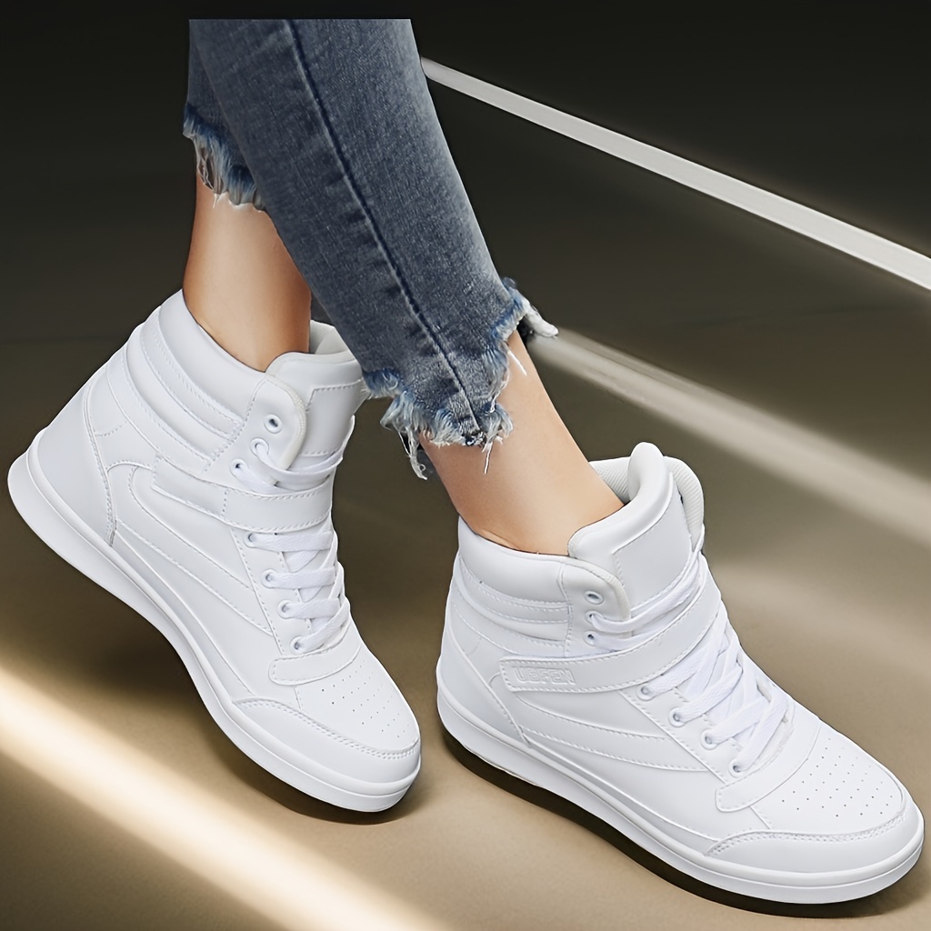 Womens High Top Sneakers White Hidden Wedge Heel Retro 80s Tennis Shoes for Girls Cosplay Removable Insole Footwear