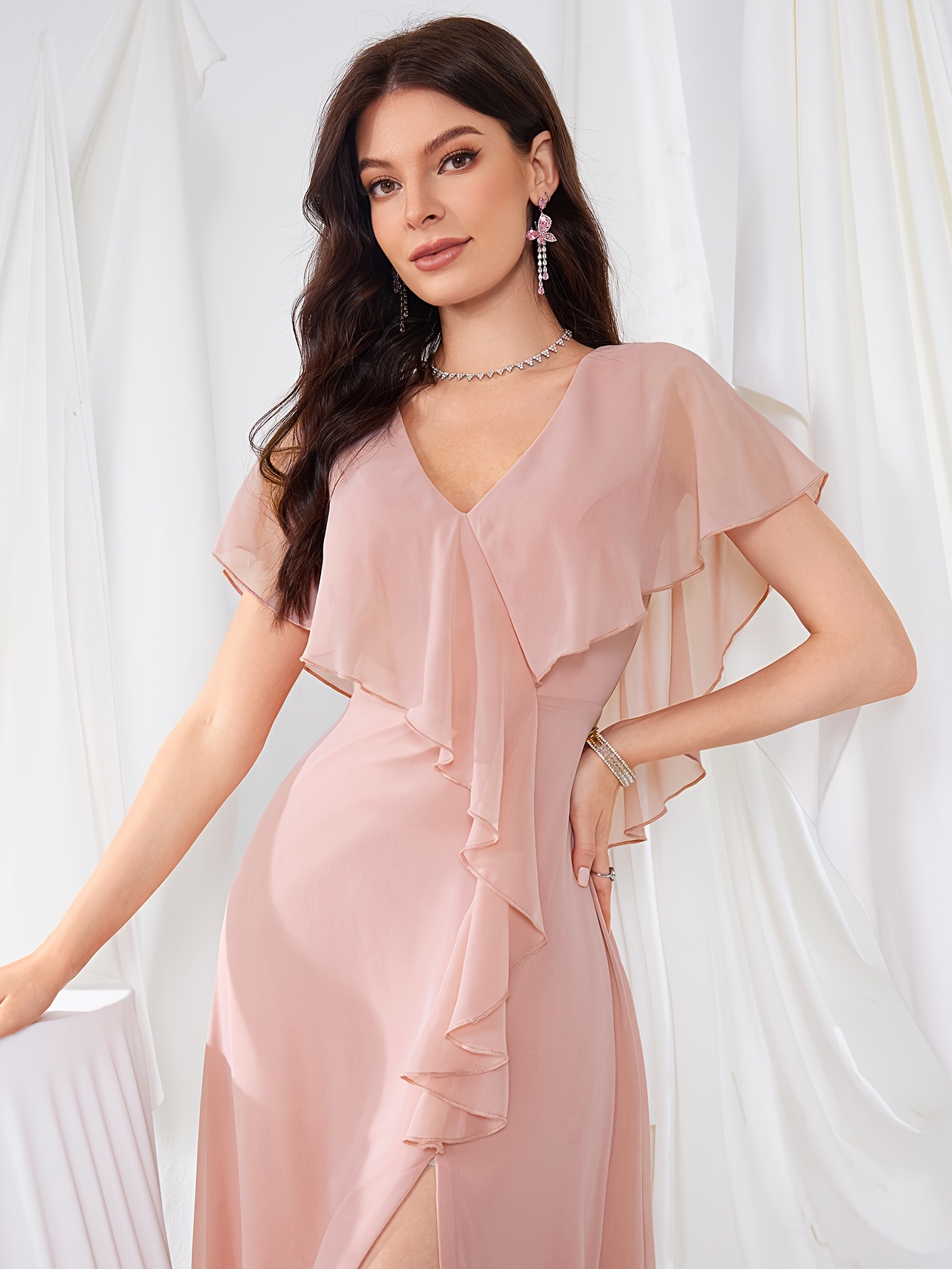 elegant solid color chiffon bridesmaid dress back v - Temu