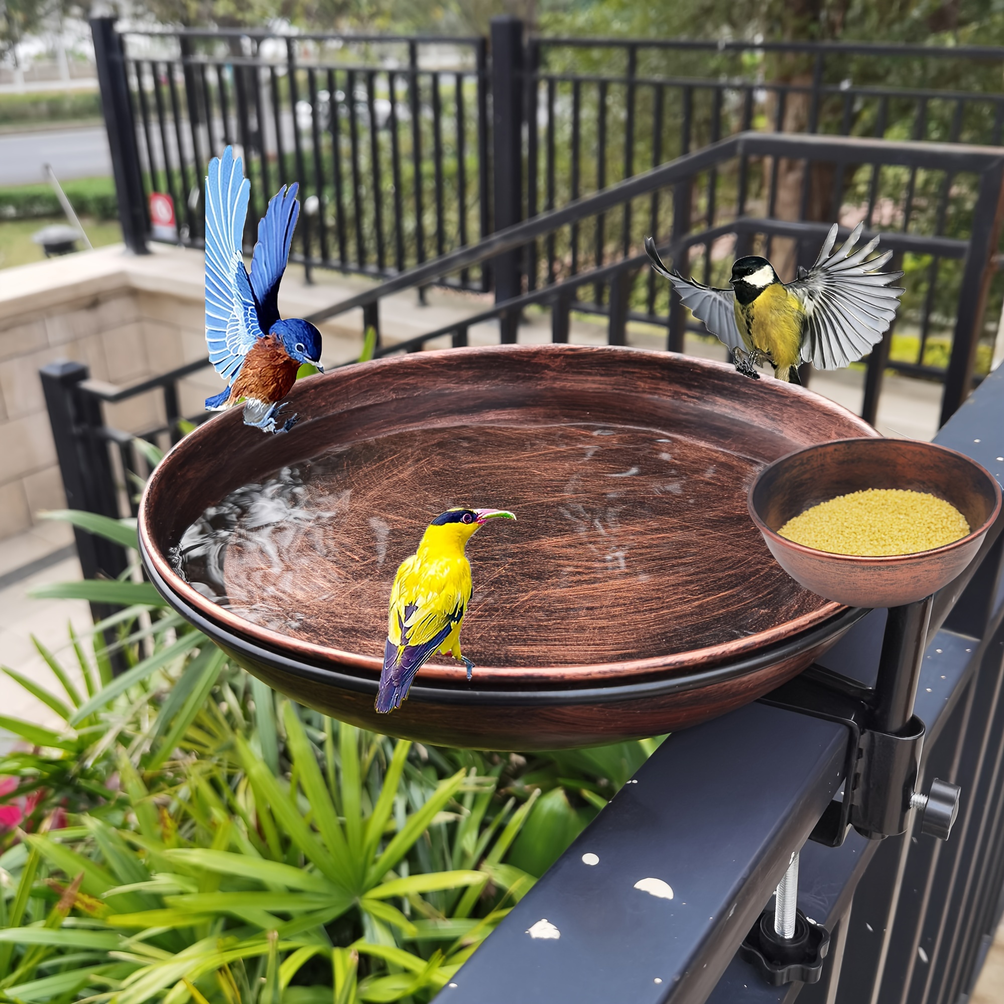 Premium Deck Railing Bird Feeder Tray, Large Metal Platform Seed  Tray for Outdoor Birdbath Stand Base for Garden Backyard Dec