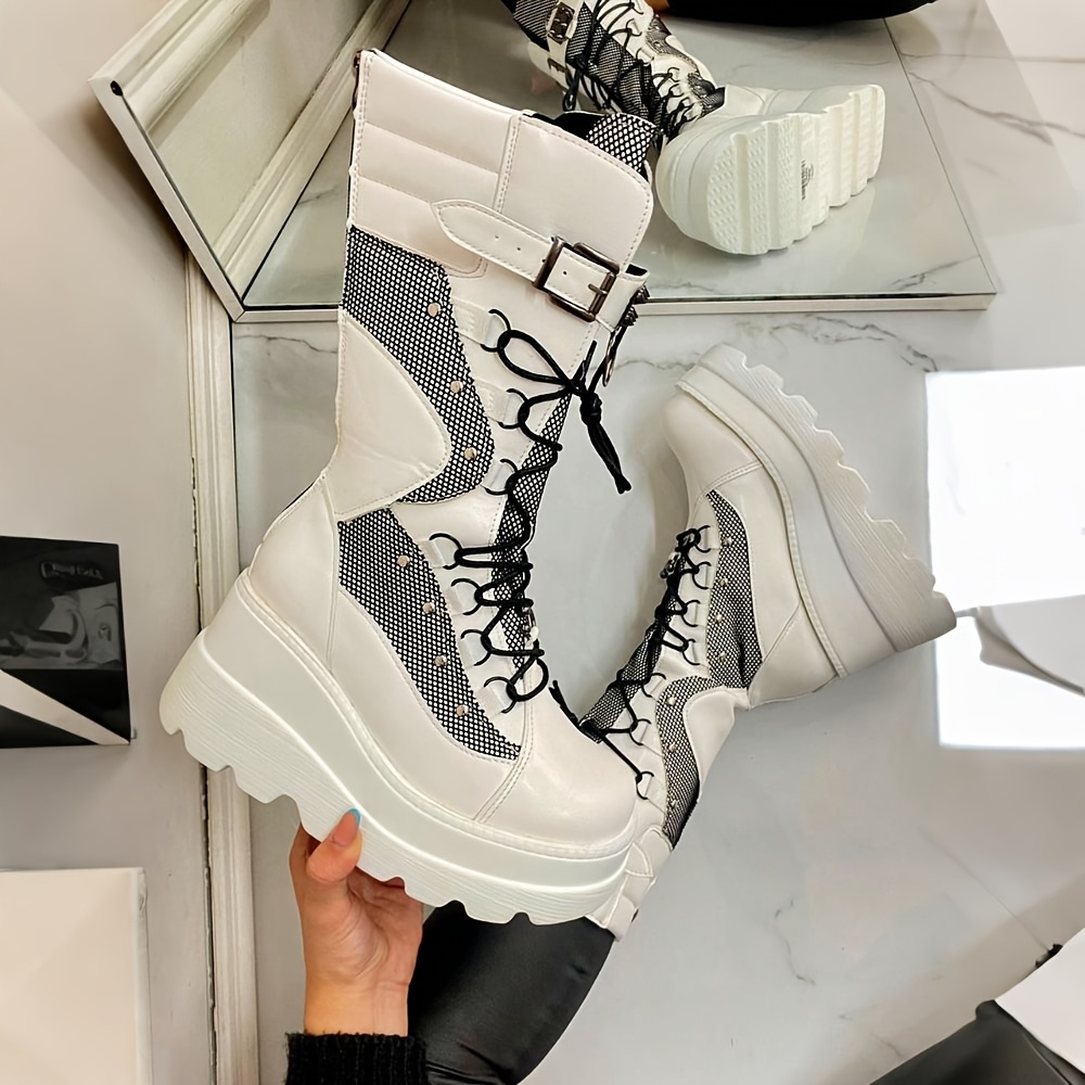 womens punk combat boots high wedge heel platform ankle - Temu