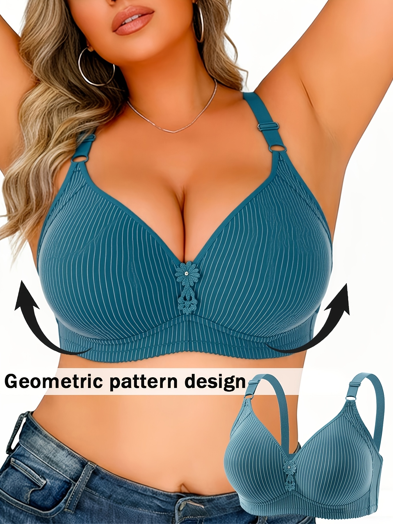 4-delige set plus size gestreepte en effen comfortabele bh's | Ademend, zonder beugel, elegante stijl met geometrisch patroon voor lente en zomer