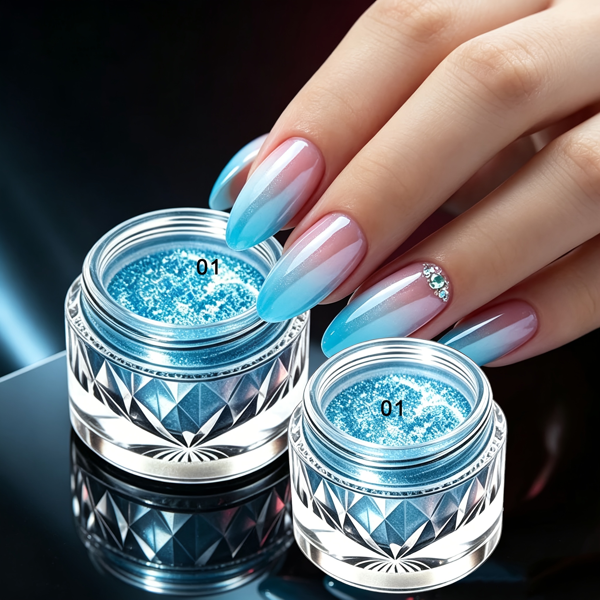 2pcs Blue Gradient Nail Glitter Powder Rubbing Dust Chrome Nail Powder Manicure Decoration Nail Supplies