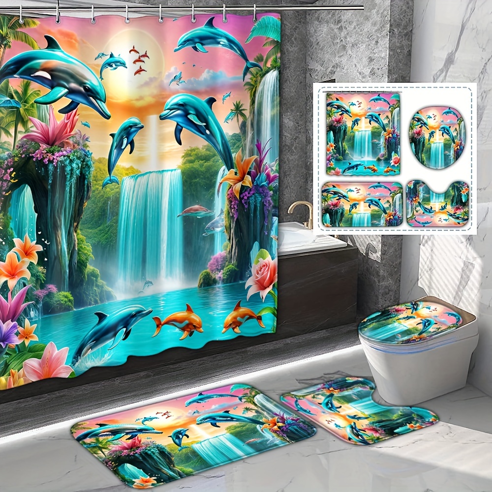 

1/4pcs Waterfall Dolphin Shower Curtain, Polyester Waterproof Curtain With 12 Hooks, Animal Print Bathroom Decoration, Bath Mat, U-shaped Pad, Toilet Seat Cover, Bathroom Accessories
