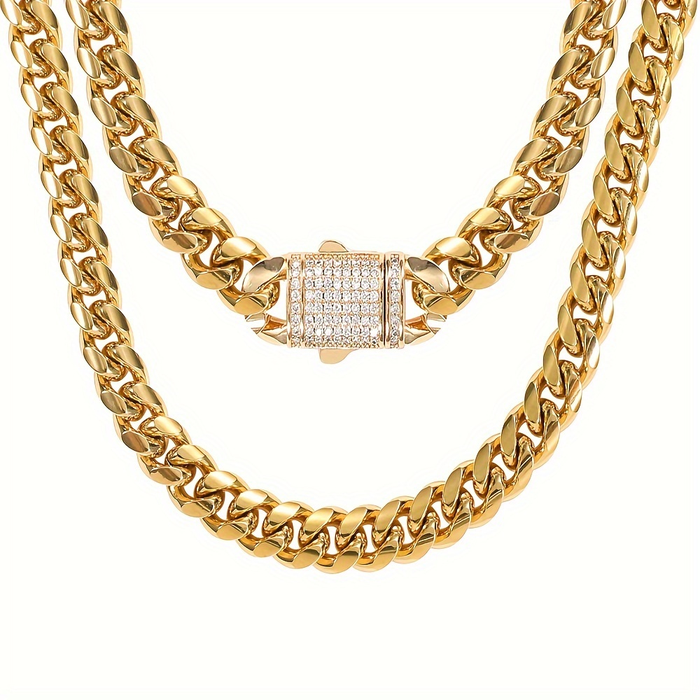 

1pcs Men Miami Cuban Link Chain Necklace, 18k Gold Plated Cubic Zirconia Cut Faux Stainless Steel Chain Necklace