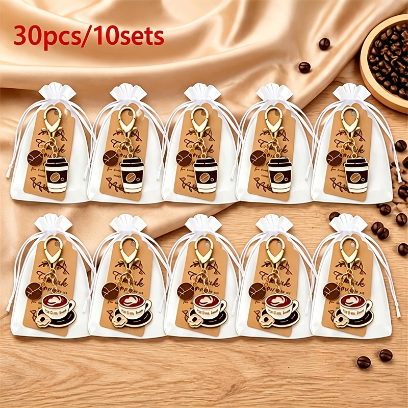 TEMU 30pcs Cup And Coffee Bean Keychain Set - 10 Keychains + 10 Card Papers + 10 Gift Bags - Alloy Keychains, Themed Party Favors, Birthdays,