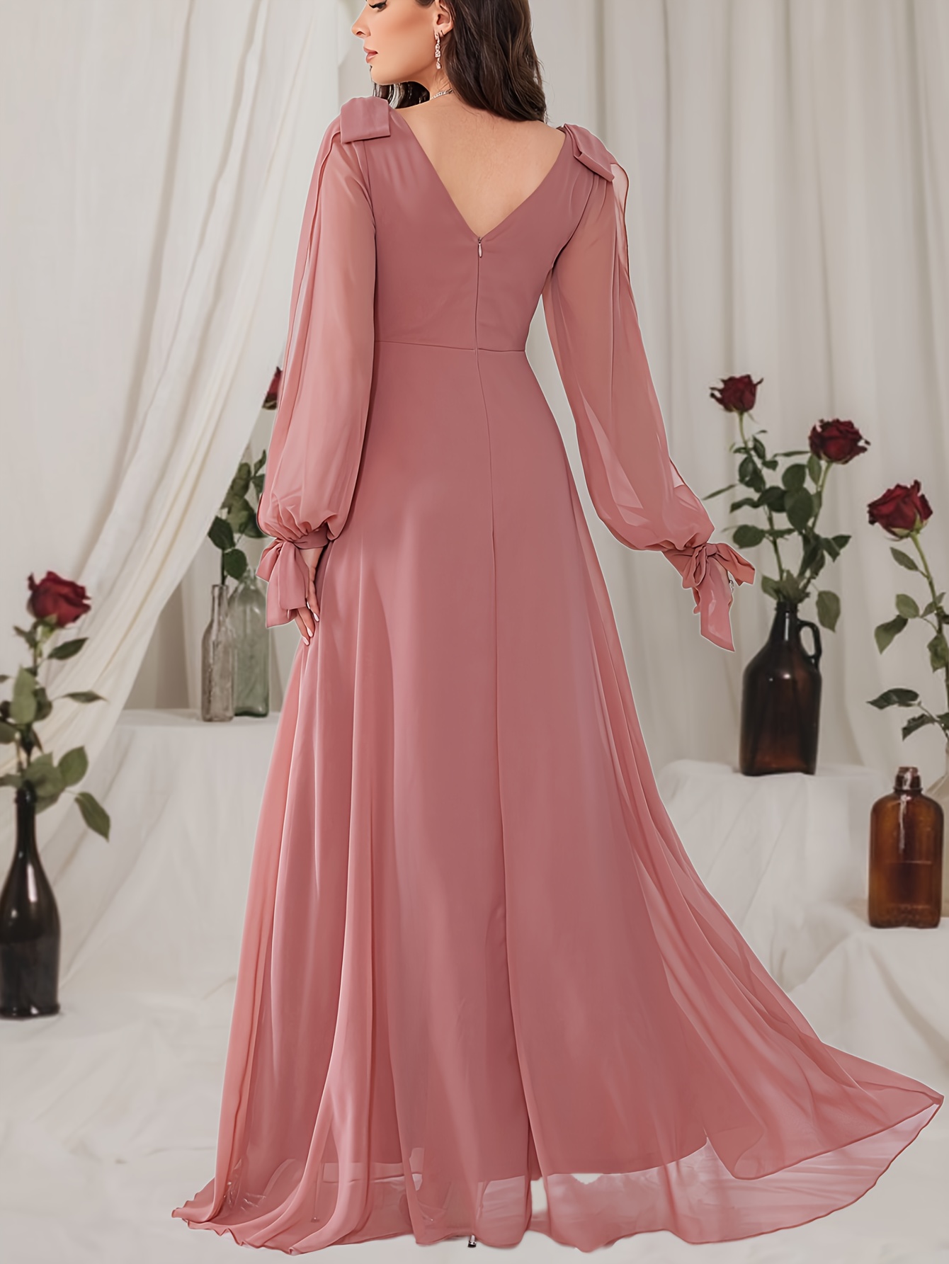 elegant v neck chiffon maxi dress women long sleeve solid - Temu