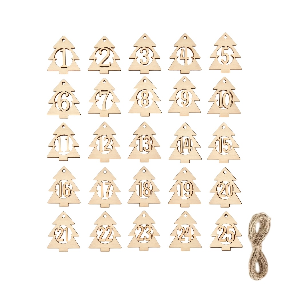 TEMU Houten adventskalender - 25-daagse aftelling naar Kerstmis met genummerde ornamenten 1-25, hout geschikt voor boomversieringen, cadeaulabels &