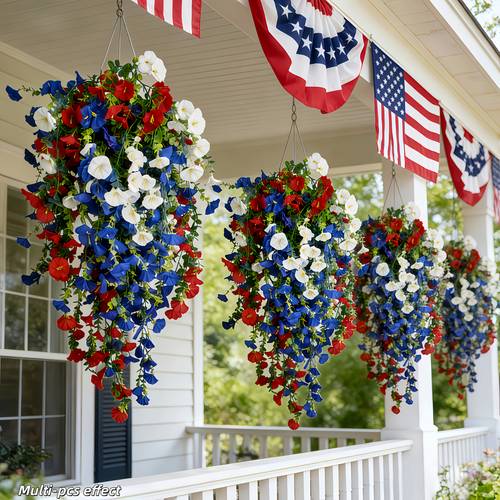 a set of three artificial flowers in red white and blue hanging decorations faux floral arrangements are ideal for july 4th celebrations weddings and seasonal home decor suitable for gardens courtyards