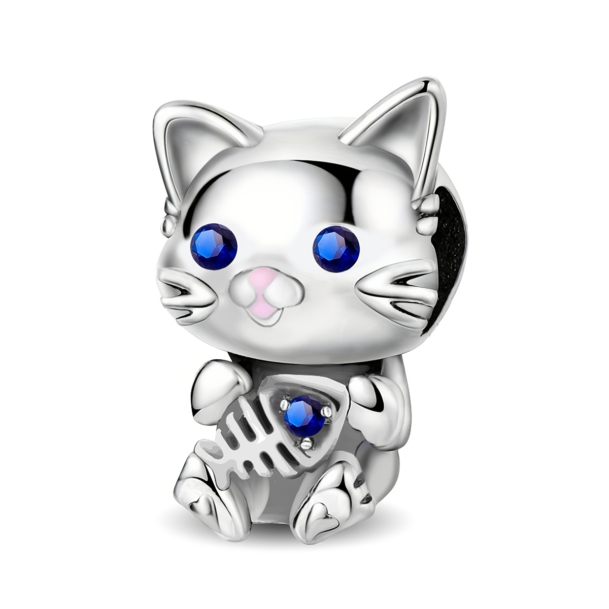 1pc 925 Silver Plated Fishbone Cat Charm Bead - Fits Original Bracelets Bangle, Making Supplies For Women