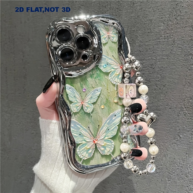 TEMU Phone Case: 2d Flat Oil Painting Pattern Electroplated Silvery Wavy Border Phone Case With Cute Lanyard, Suitable For Iphone 17, Iphone 17 Pro