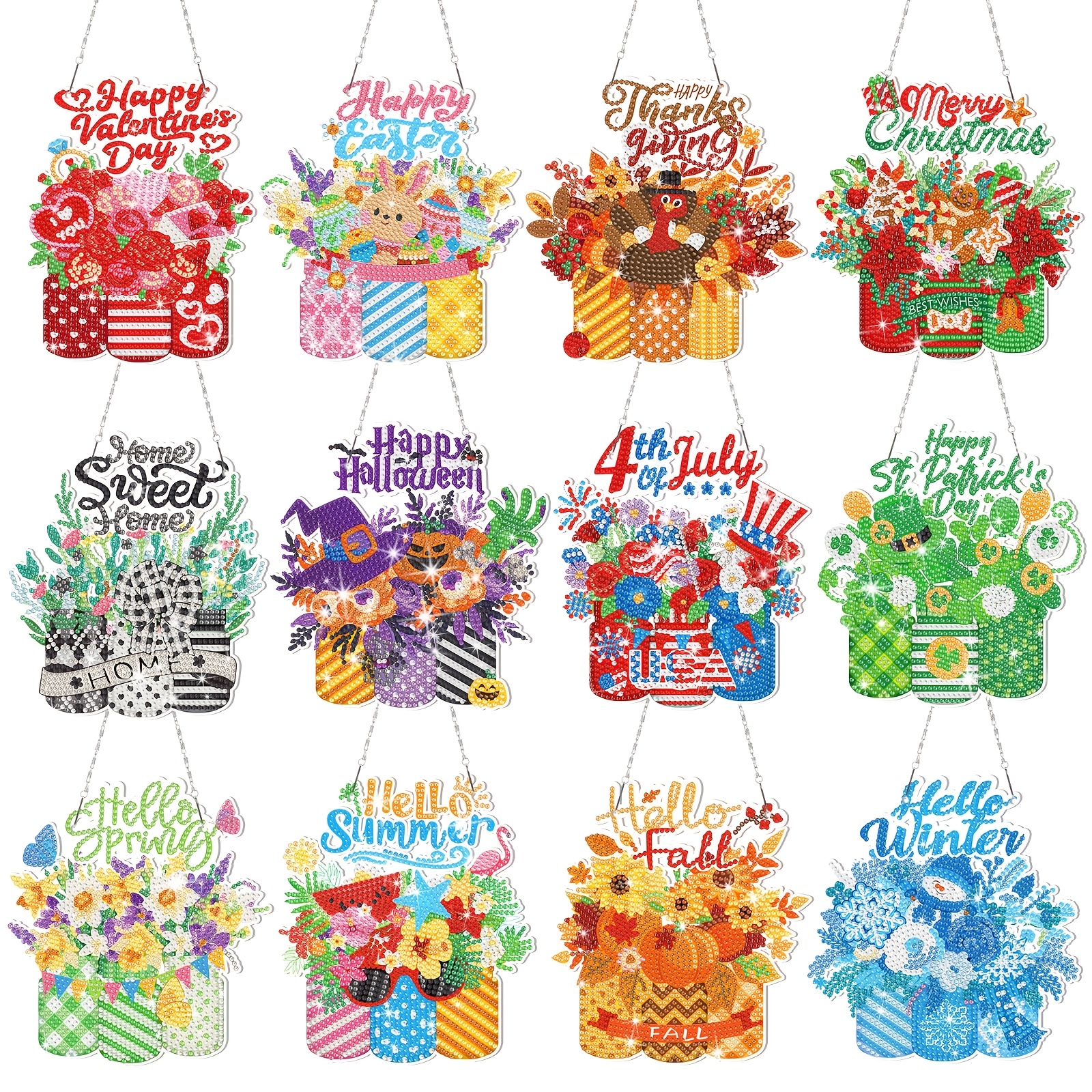 TEMU 2d Flat, 12pcs 12pcs Pack 5d Diamond Wreath Kits Suitable For Wall Door Hanging & Tabletop Decor, Mason Jar Ornaments With Diamonds, Diy Holiday