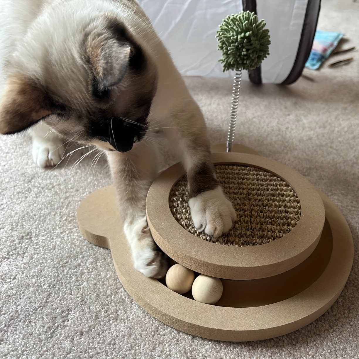 

1pc 3-in-1 Cat Scratcher Interactive Toy, Wooden Round With Spring Ball And Natural Sisal Scratching Pad For Indoor Cats, Durable Cat